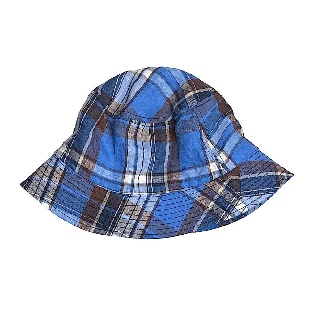 Cableami Metro Bucket Hat – Blue Plaid Linen, Size M, Made in Japan